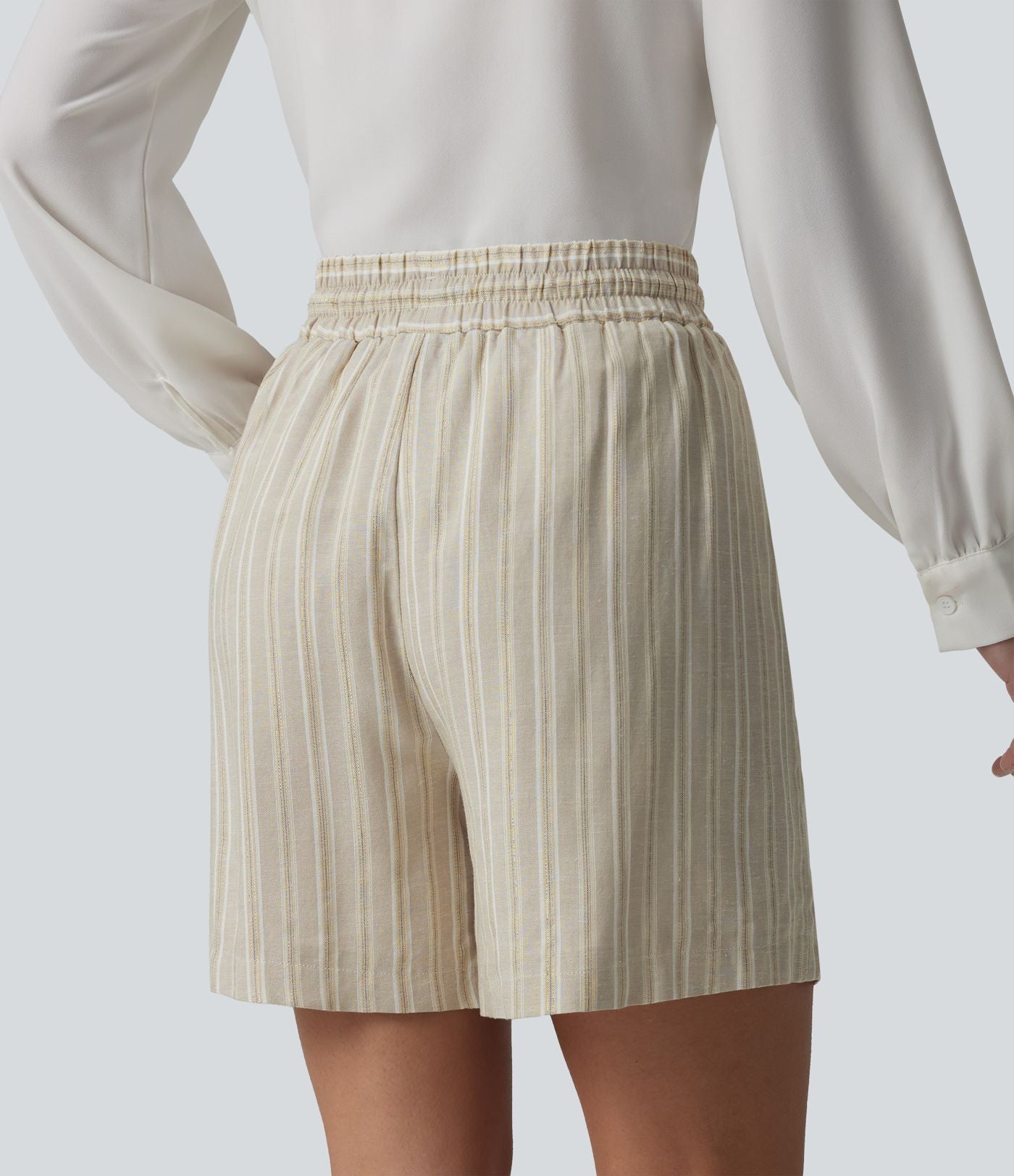 Short tailleur large en lin rayé taille haute avec cordon de serrage et poches