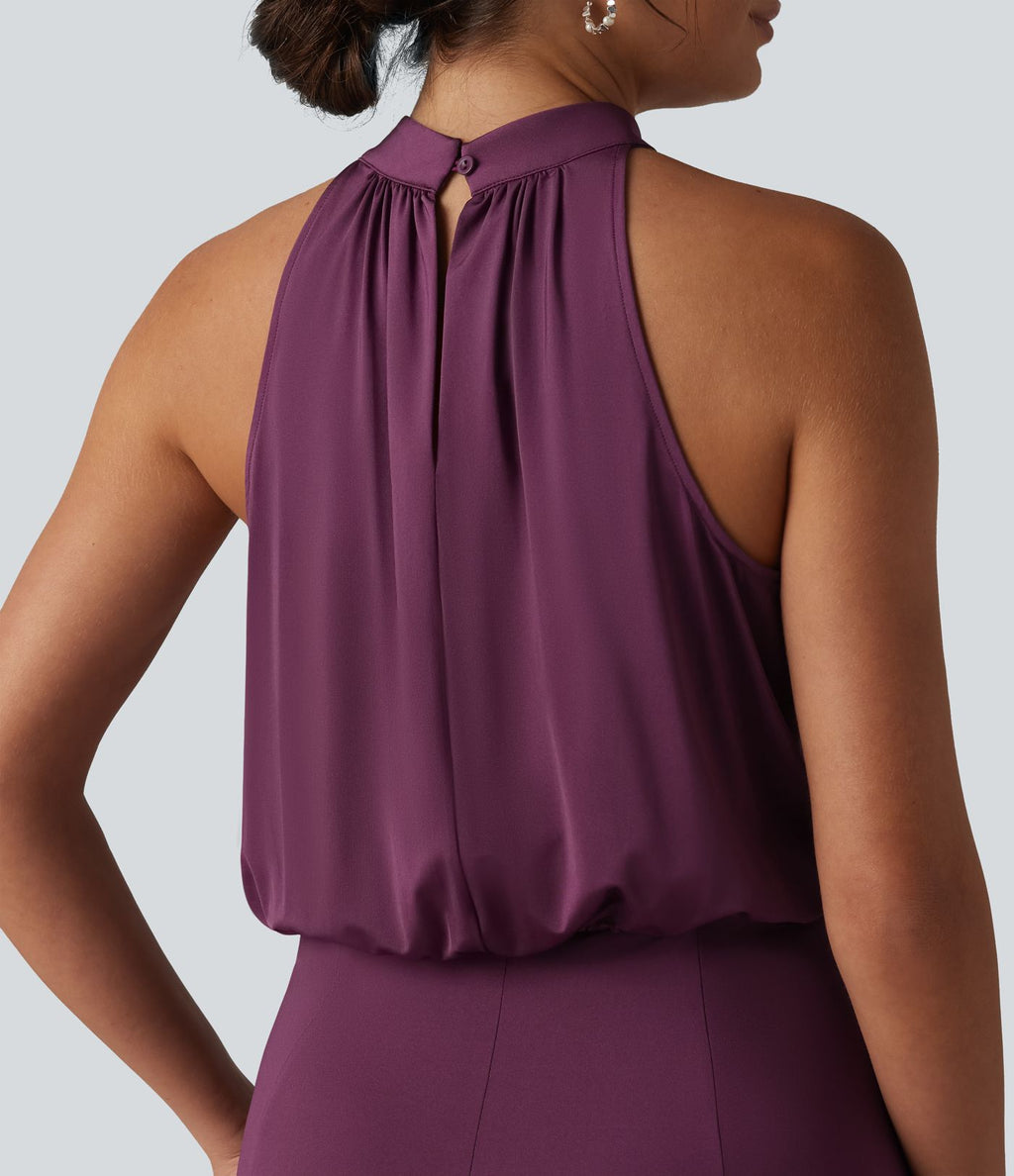Robe midi col cheminée sans manches dos découpé extensible aspect satiné effet frais InstantCool