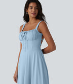 Robe fluide midi de villégiature sans manches, encolure carrée, dos nu croisé, fronces et soutien-gorge intégré