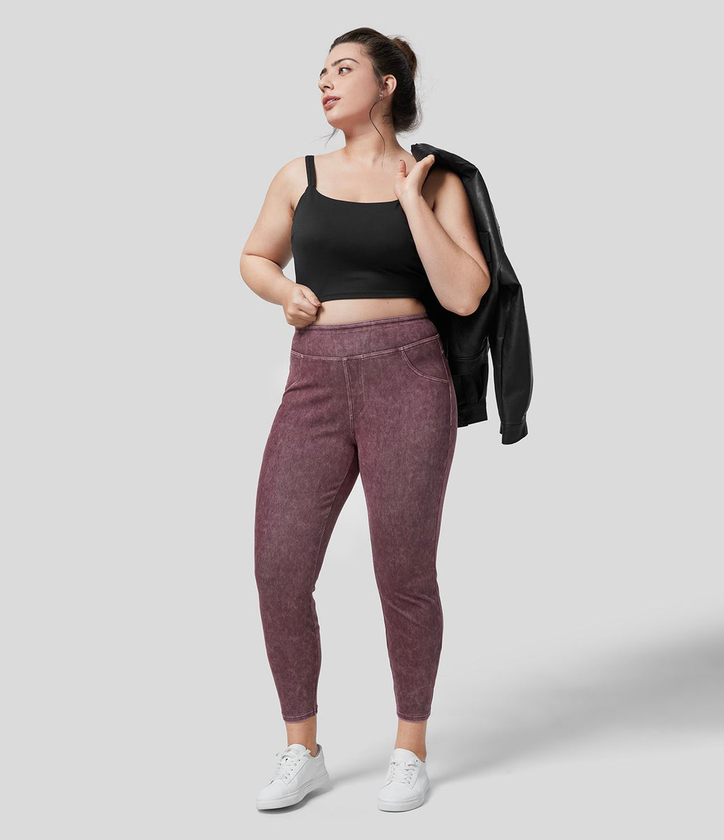 Halara Flex™ Legging Casual 7/8 Grande Taille en Denim Tricot Extensible Coloré à Taille Haute avec Poches Latérales Arrière