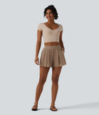 Short tailleur casual 2-en-1 côtelé maille taille haute avec poches