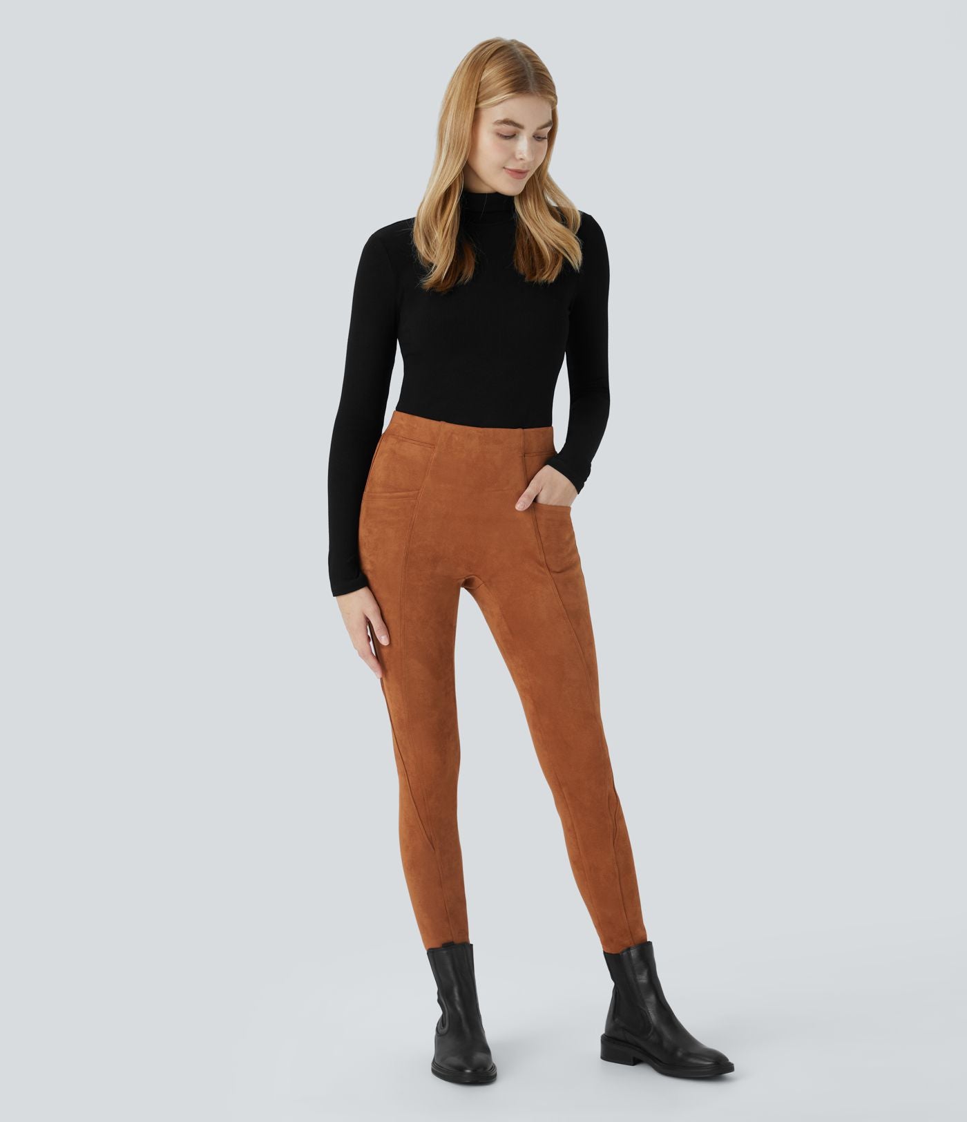 Legging décontracté en suédine taille haute, gainant, avec poches latérales