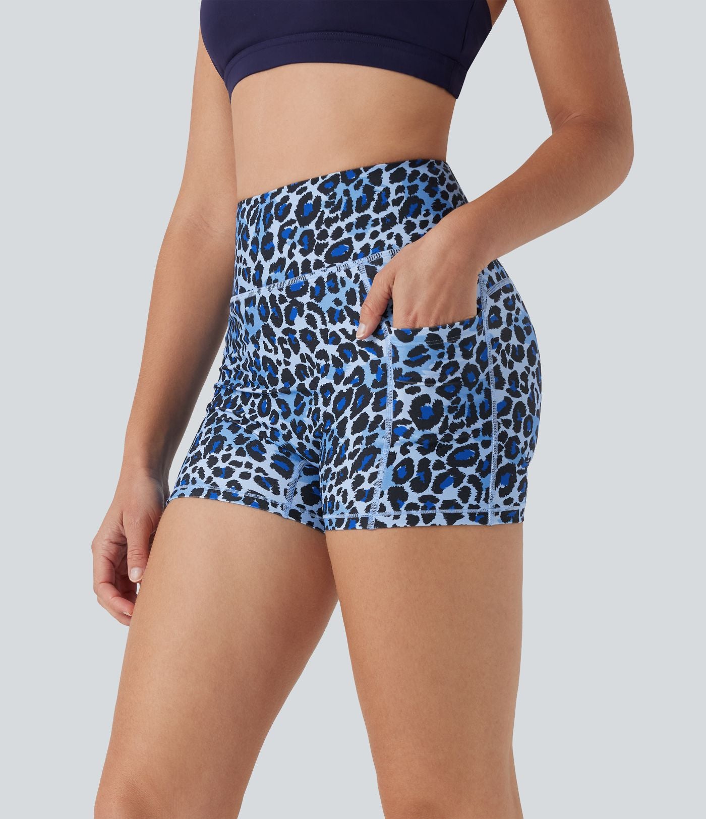 Short cycliste yoga 3'' taille haute imprimé léopard avec poches