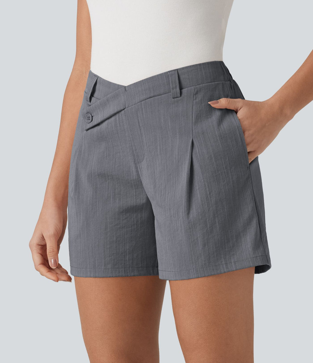 Short tailleur baggy asymétrique taille mi-haute aspect lin 12,5 cm avec poches