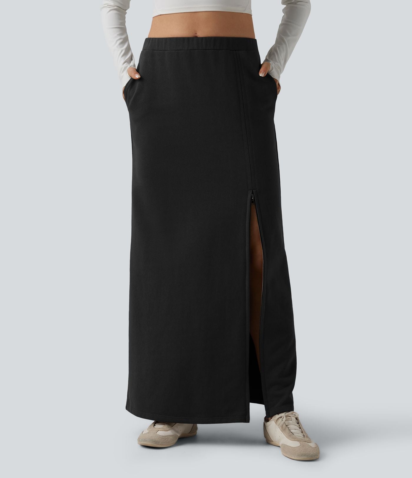 Jupe longue décontractée taille haute en molleton French Terry coton avec poches