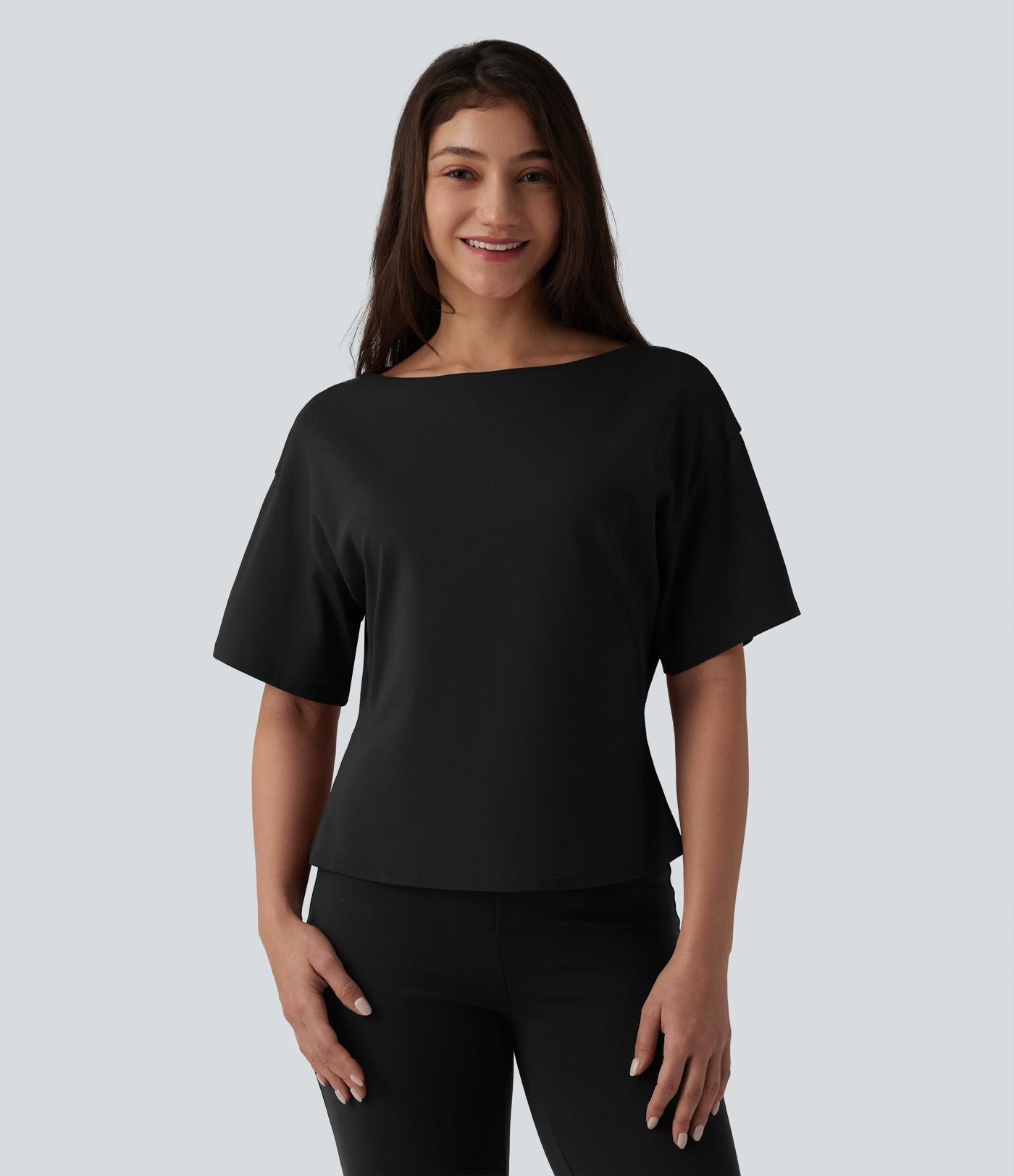 T-shirt tailleur col bateau manches courtes en coton