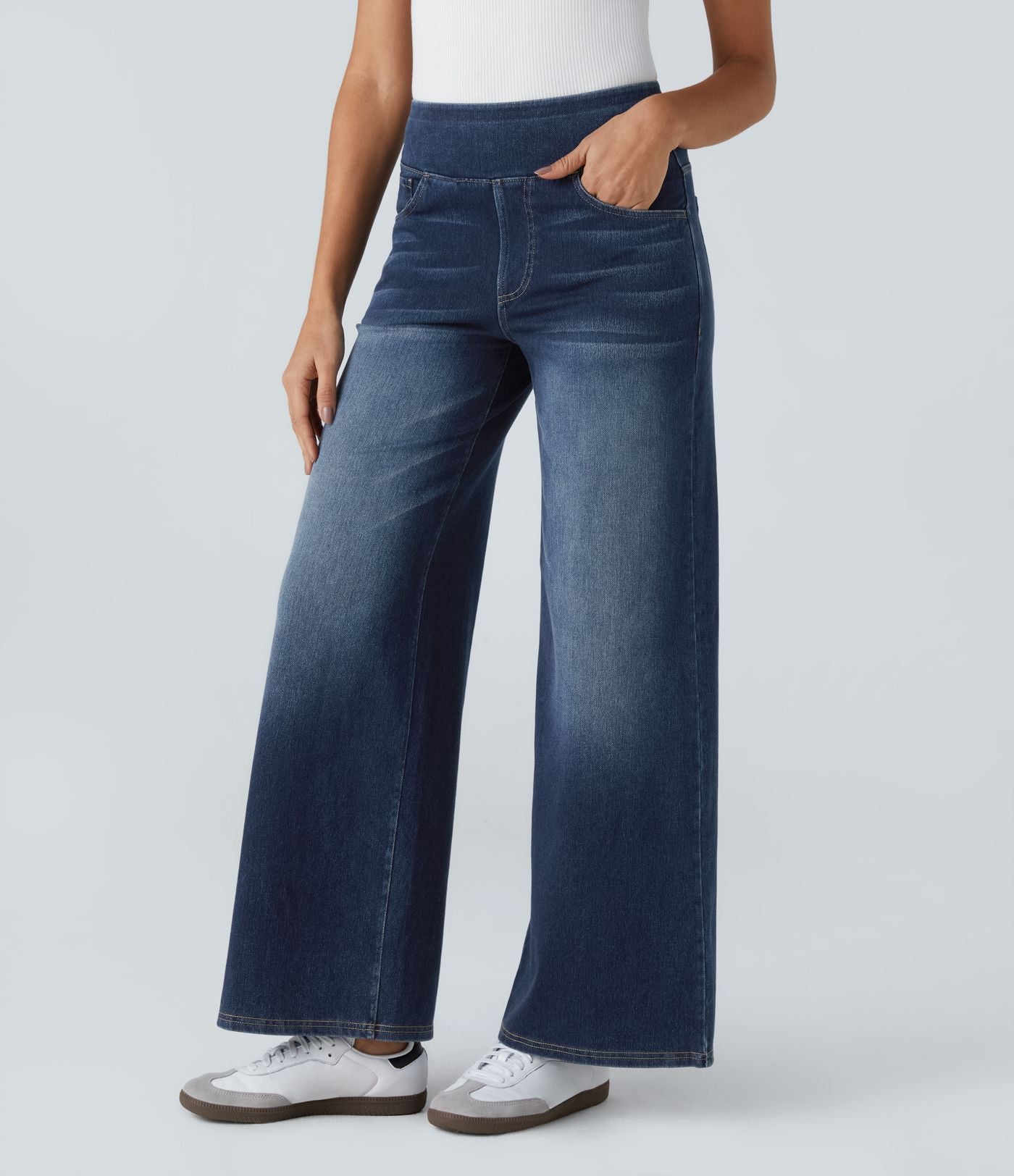Halara Flex™ Jean Large Casual Taille Haute Poches Multiples Tricot Extensible Délavé