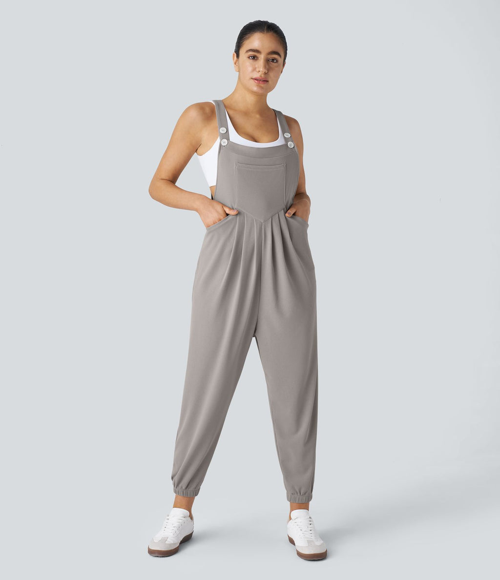Salopette Casual Bretelles Ajustables Boutonnés Multiples Poches Plis et Tissu Gaufré