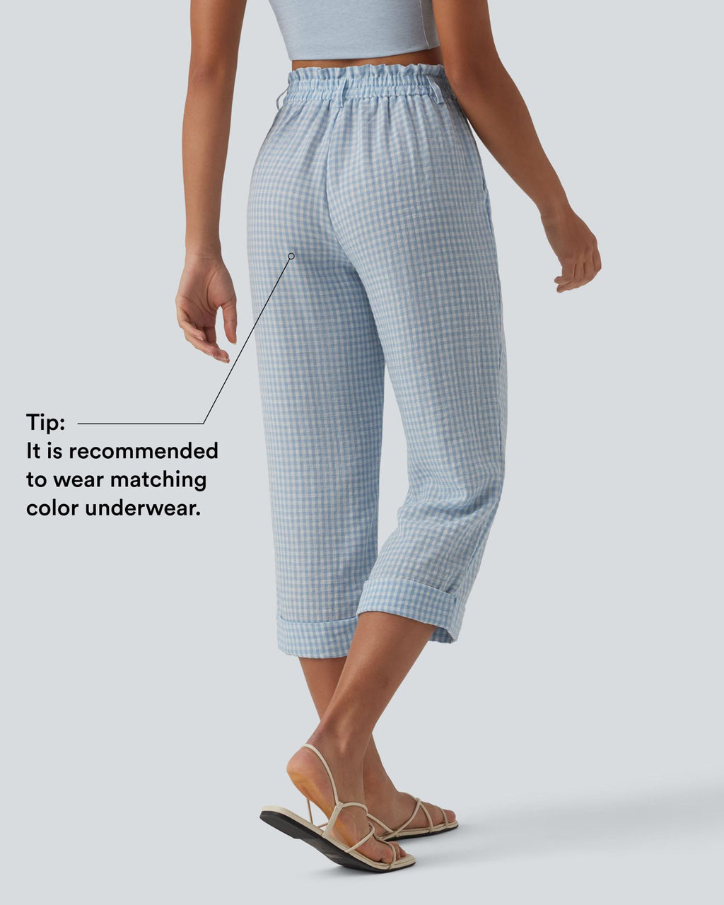 Pantalon 7/8 décontracté aspect lin à carreaux taille haute avec poches