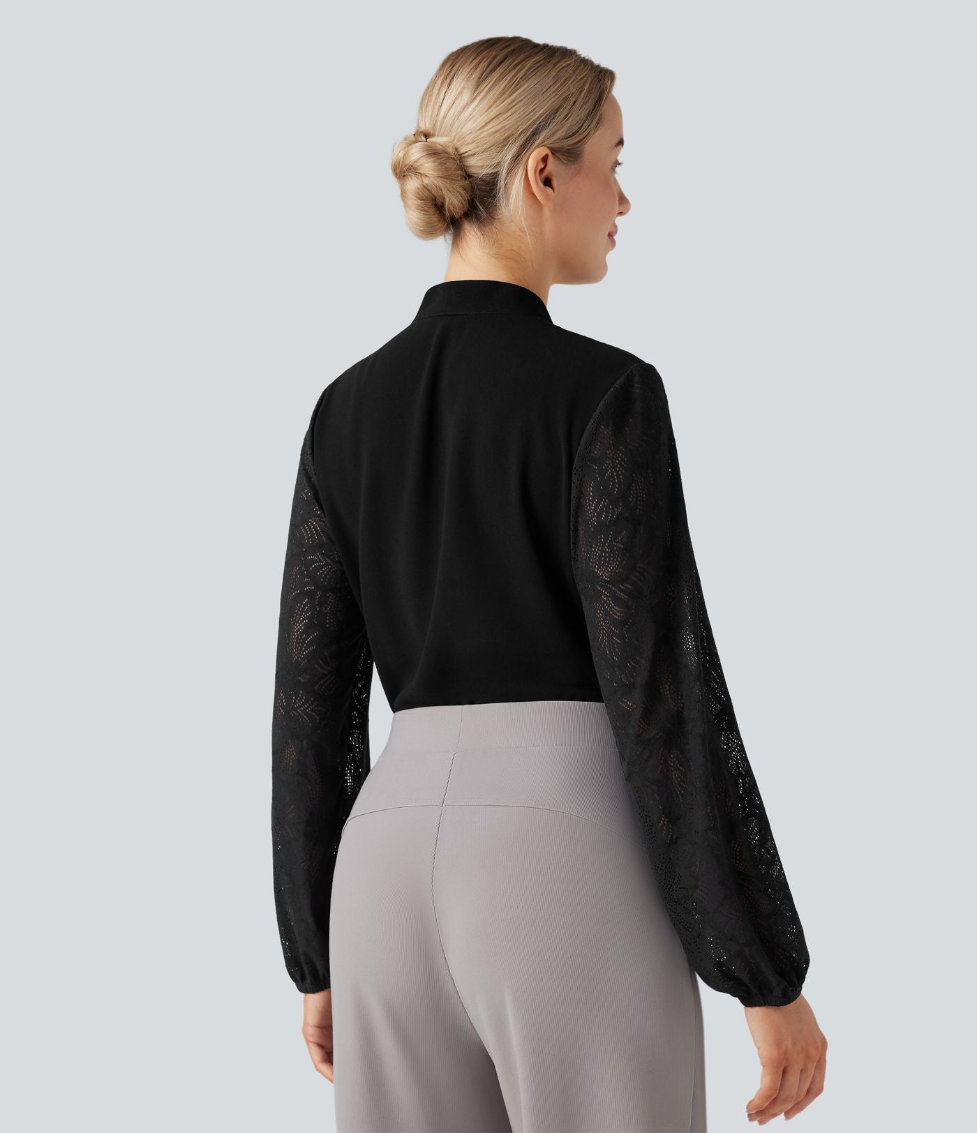Blouse col V manches longues dentelle contrastante