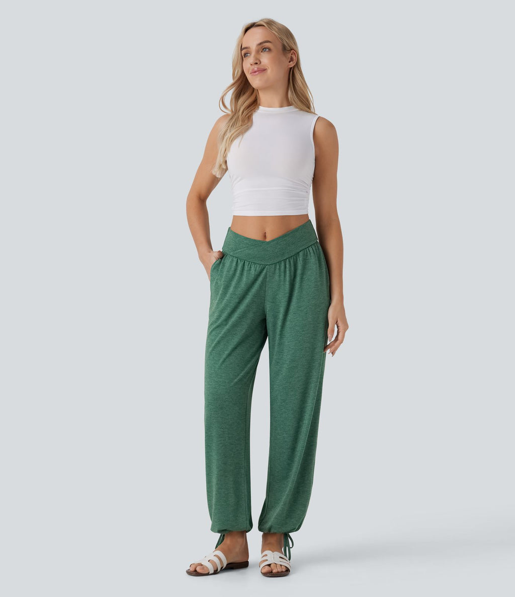 Pantalon de jogging décontracté à taille haute croisée avec poches latérales et cordon de serrage