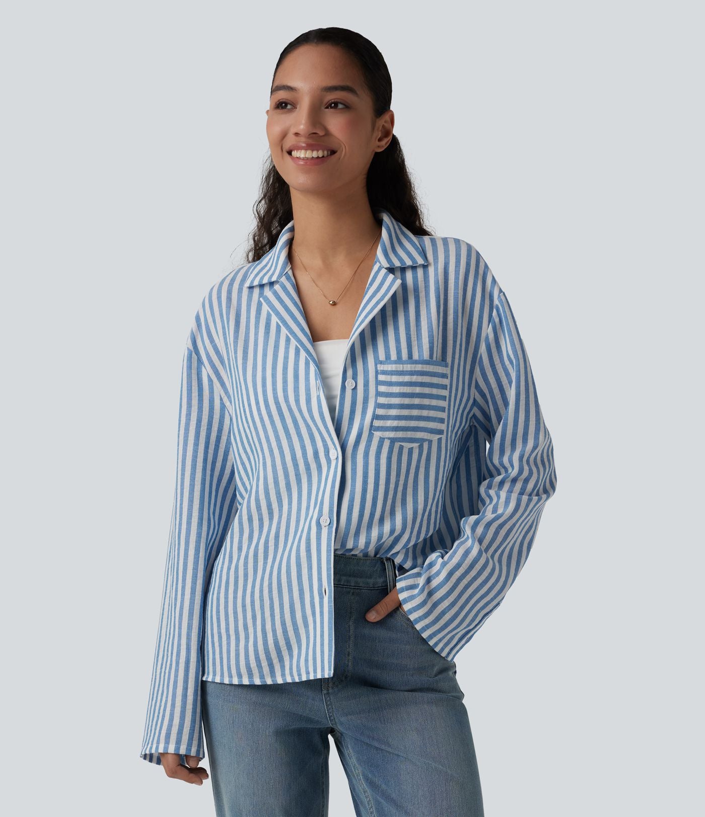 Chemise décontractée rayée col cranté manches longues aspect lin avec poche