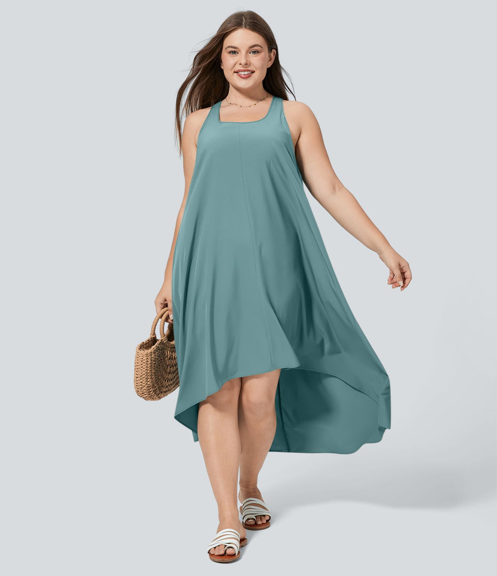 Breezeful™ Dos Nu Racerback Poche Latérale Haut Bas Fluide Midi Séchage Rapide Décontracté Robe Grande Taille