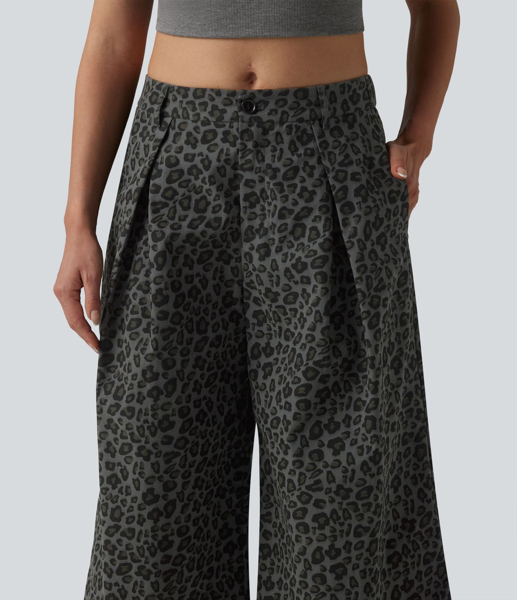 Pantalon léopard casual court taille mi-haute avec poches