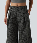 Pantalon léopard casual court taille mi-haute avec poches