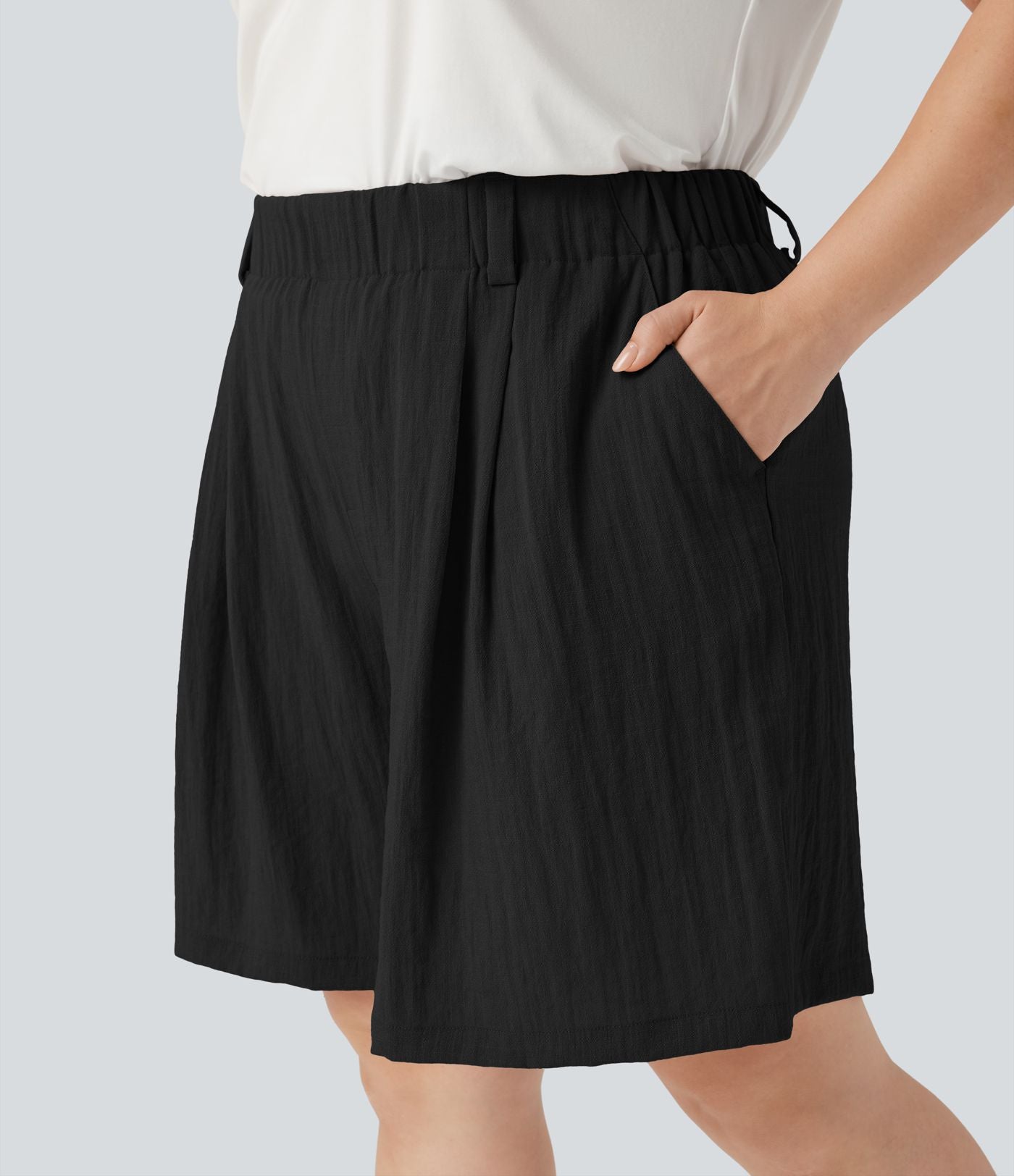 Bermuda décontracté grande taille aspect lin taille haute avec poches