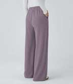 Pantalon taille haute décontracté large en maille gaufrée, avec poches