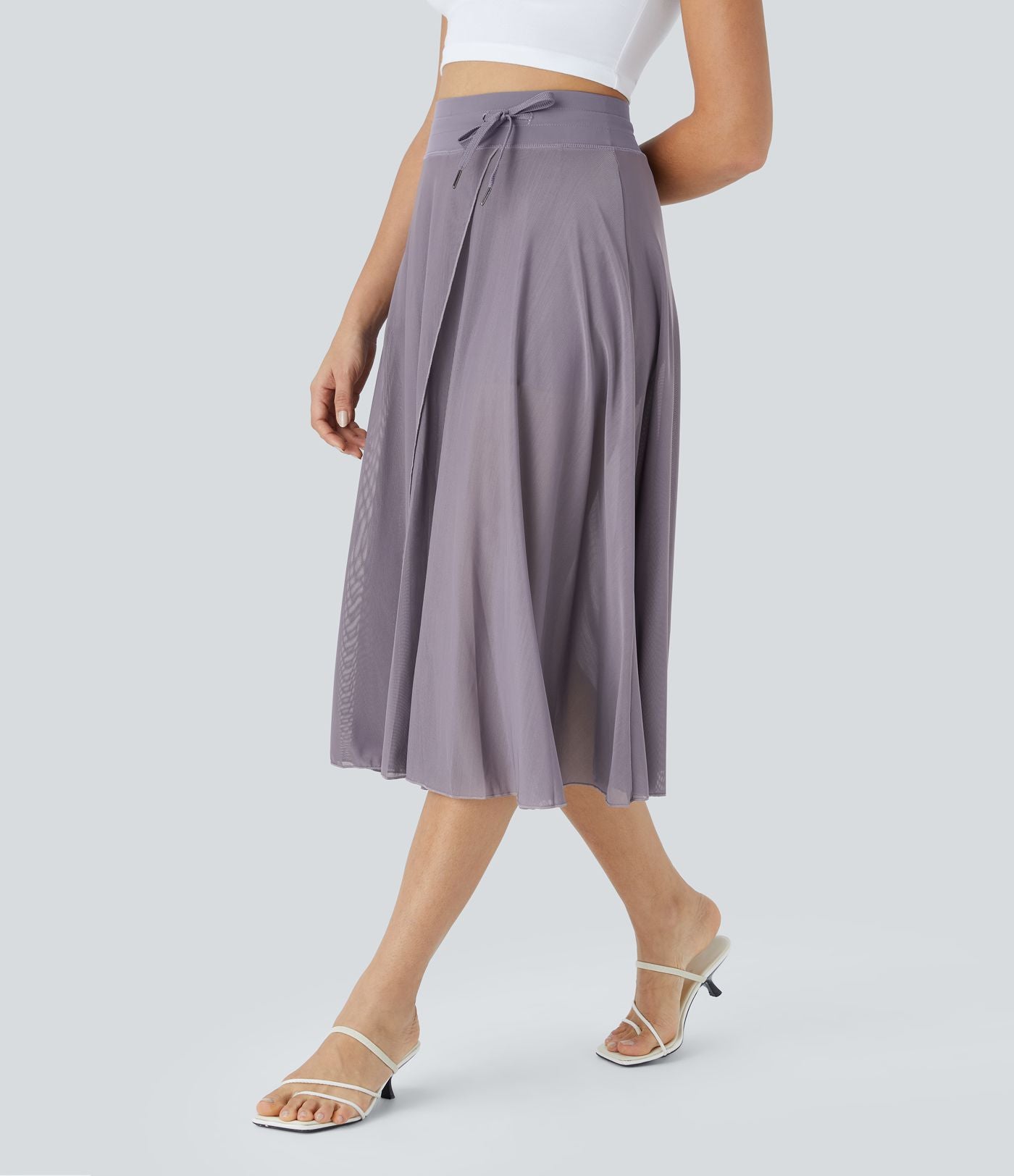 Jupe Casual Évasée Mesh Mi-Longue Fuide 2 en 1 Contrastée Taille Haute Cordon Poche Latérale