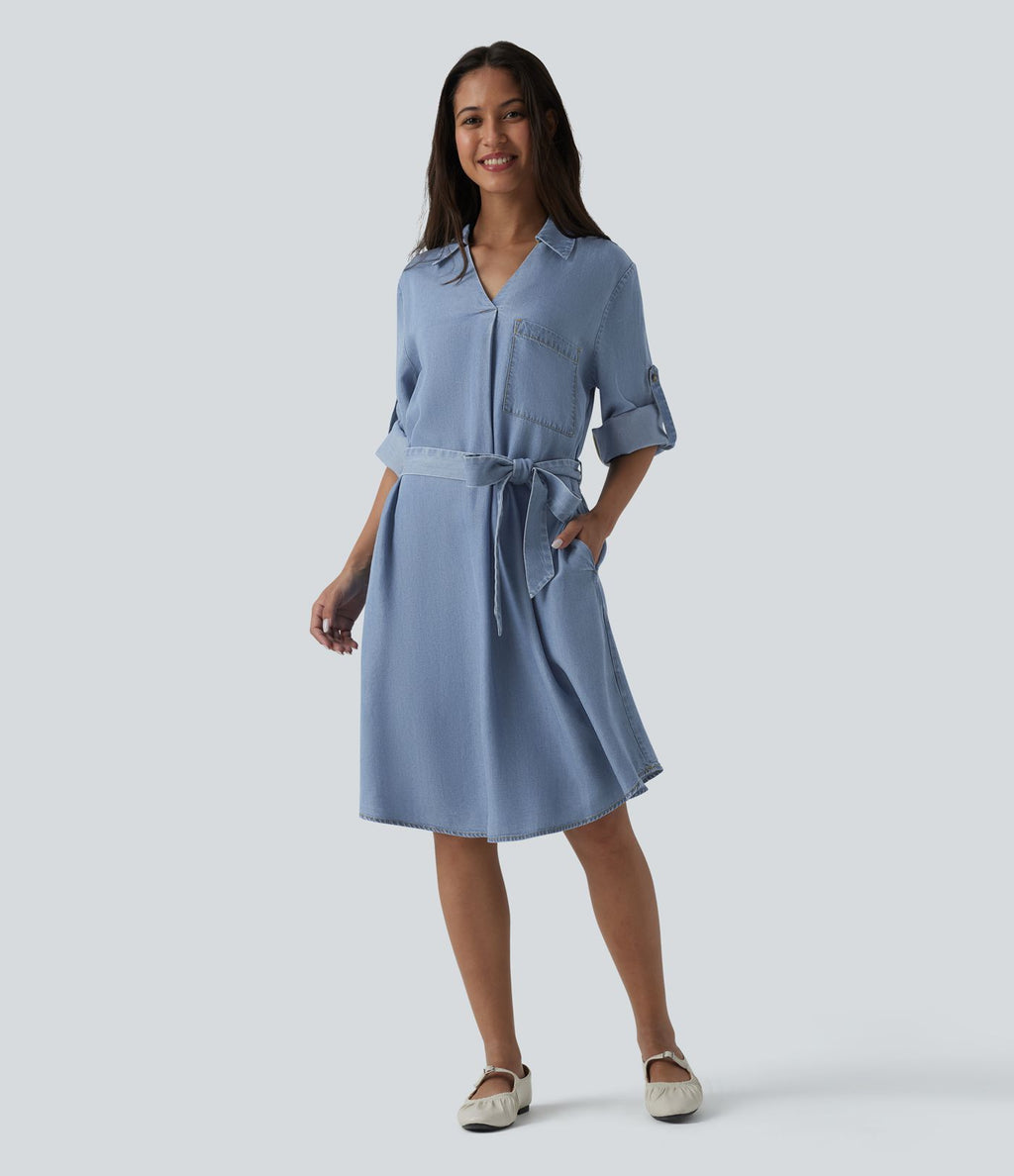 Robe courte casual denim en lyocell col V manches longues avec nœud devant et poches