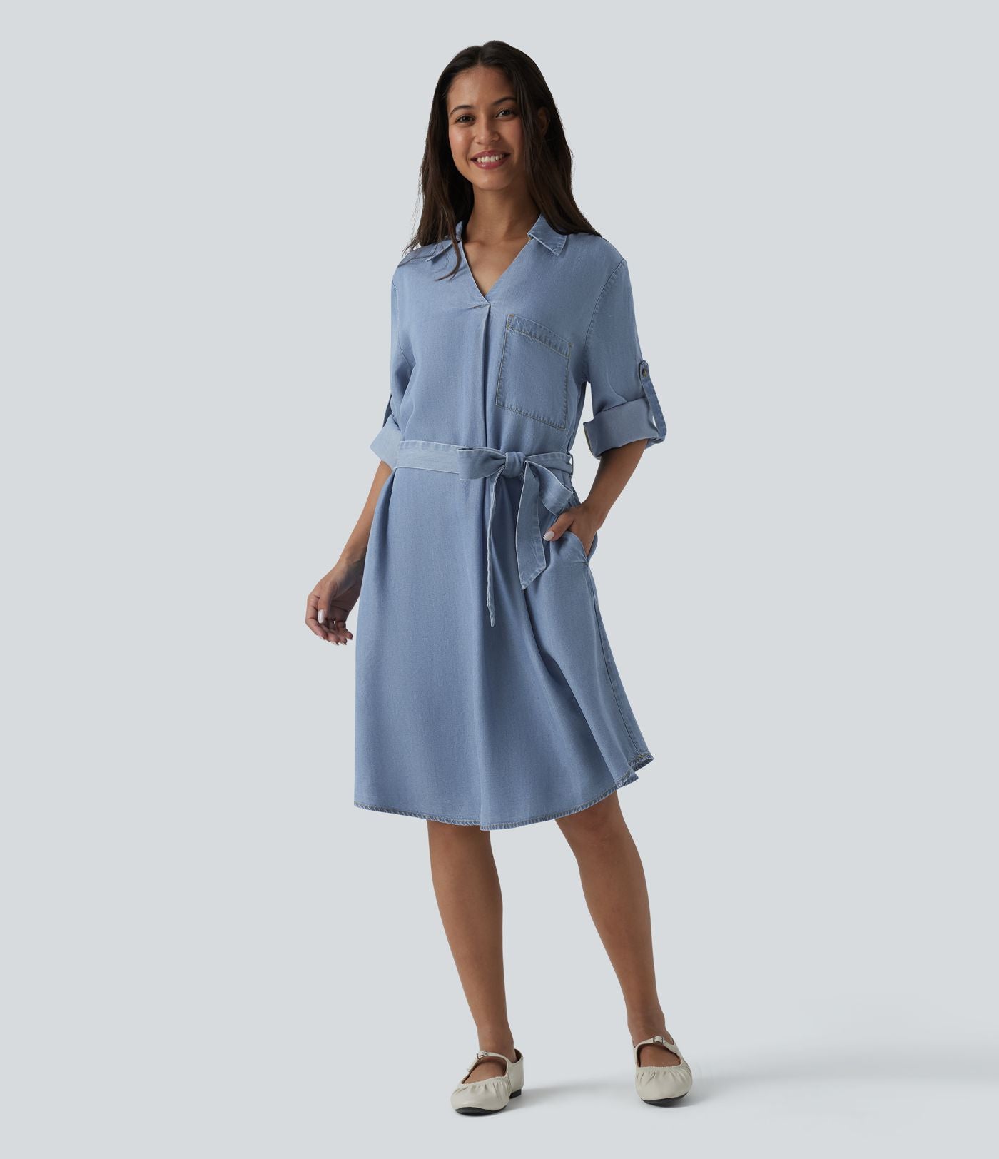 Robe courte casual denim en lyocell col V manches longues avec nœud devant et poches