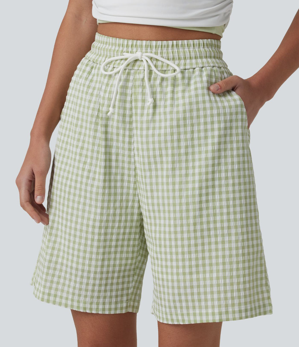 Short ample taille haute à carreaux vichy avec cordon de serrage et poches