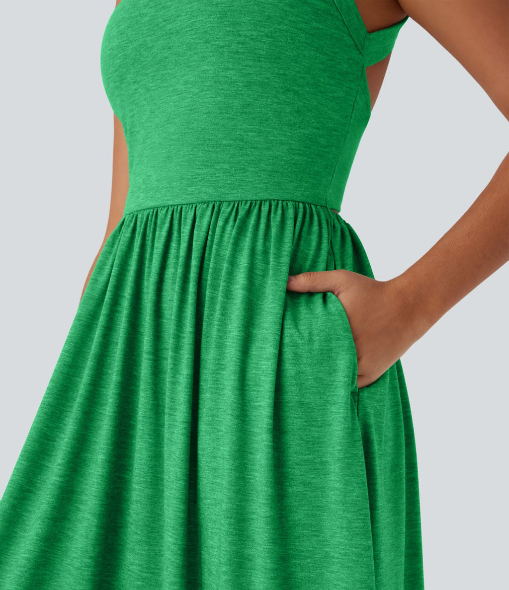 Robe longue fluide fendue avec poches latérales, dos nu et effet torsadé