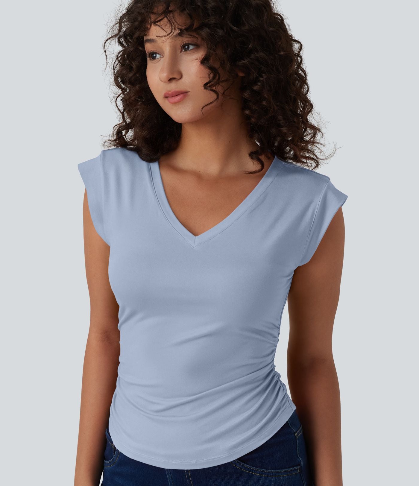 T-shirt décontracté col V manches courtes ourlet arrondi froncé