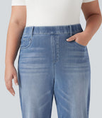 Jean droit décontracté délavé gainant taille haute grande taille avec poches Halara Flex™