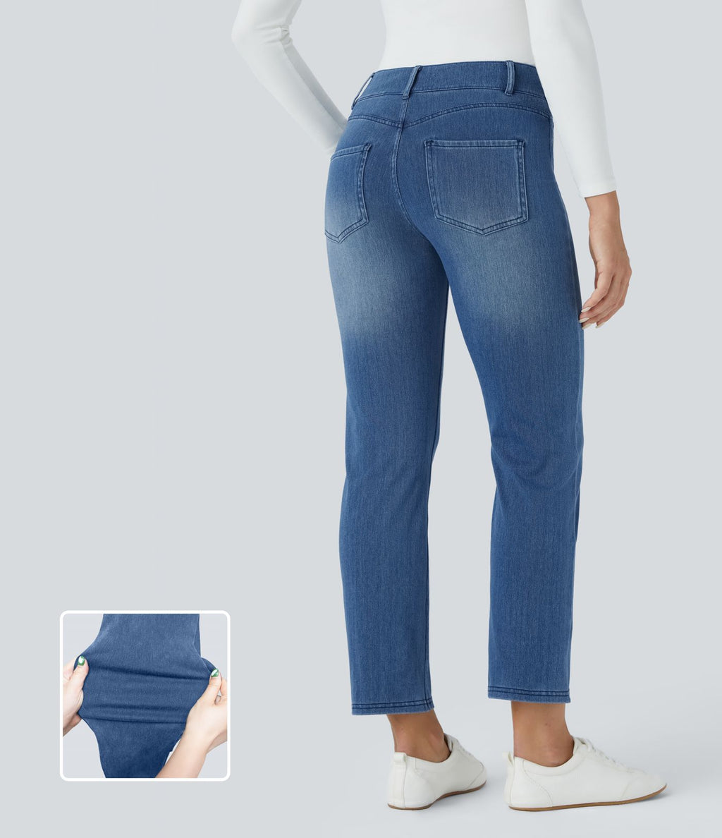 HalaraMagic™ Jean 7/8 Travail en Tricot Extensible Lavé à Jambes Droites et Poches Multiples à Taille Mi-Haute