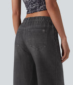 Jogging jean décontracté en molleton French Terry imprimé denim taille mi-haute avec poches