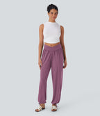 Pantalon de jogging décontracté à taille haute croisée avec poches latérales et cordon de serrage
