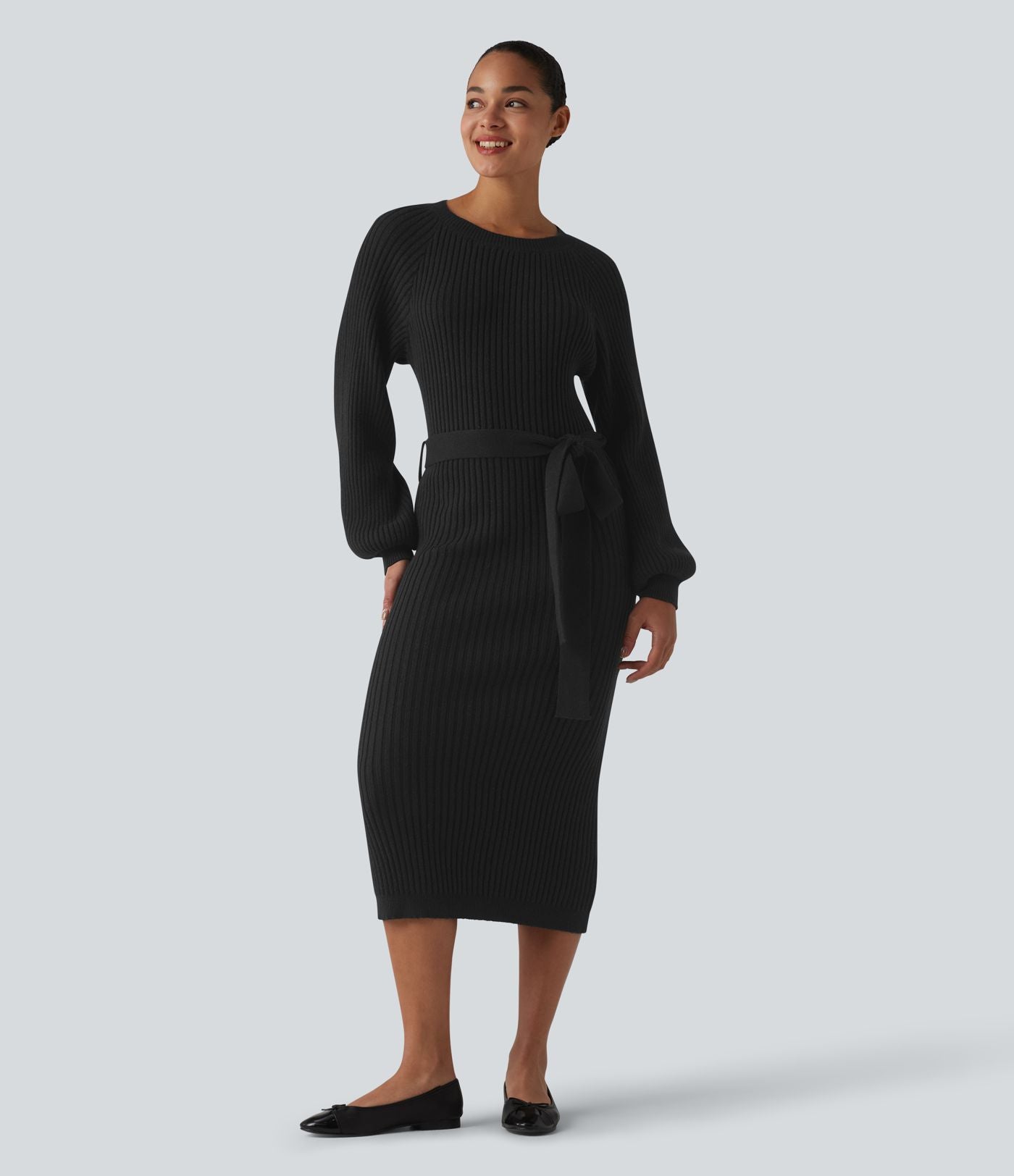 Robe pull midi casual col rond à manches longues, ceinturée