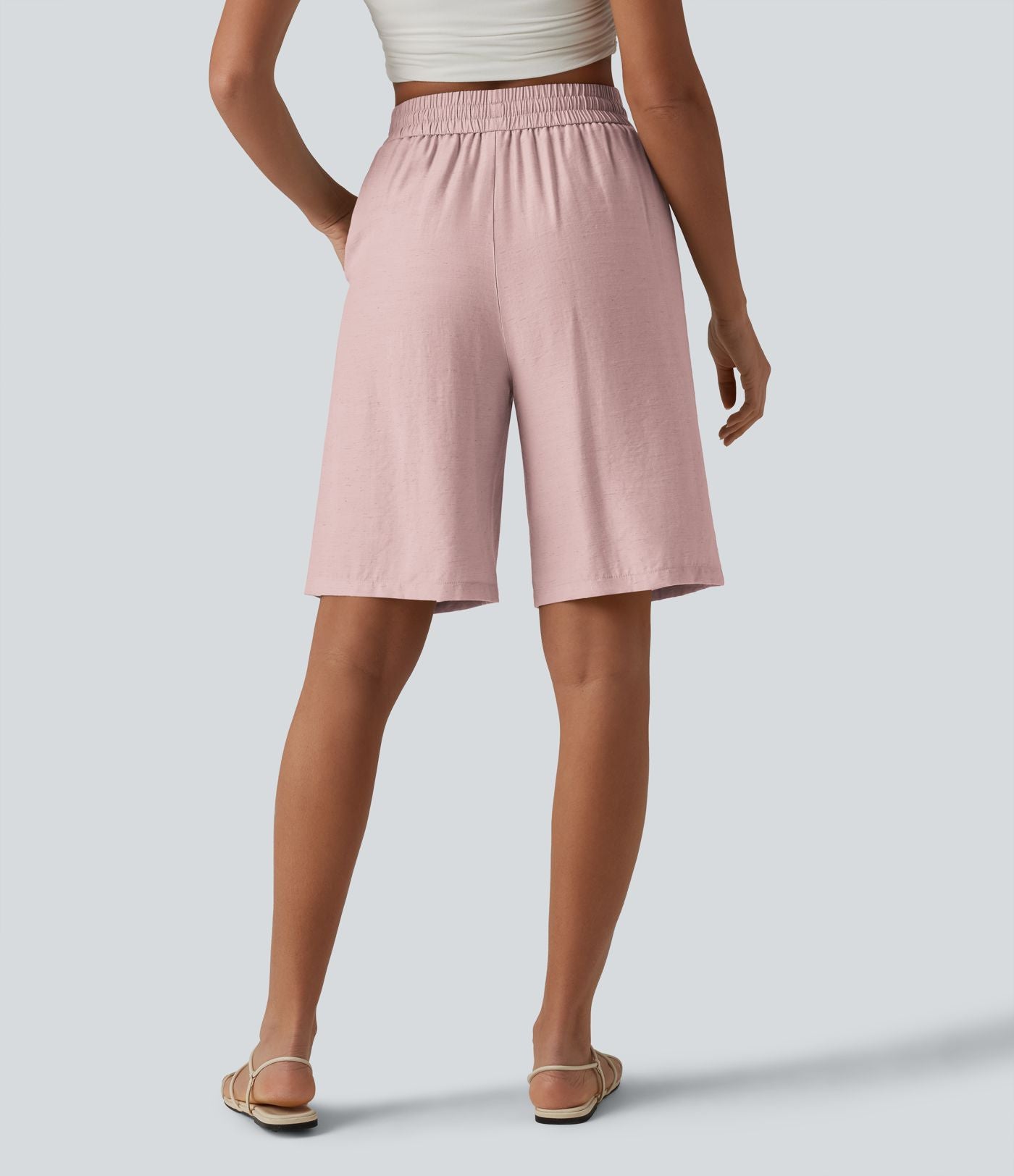 Short décontracté taille haute en lin mélangé avec cordon de serrage et poches, 25 cm