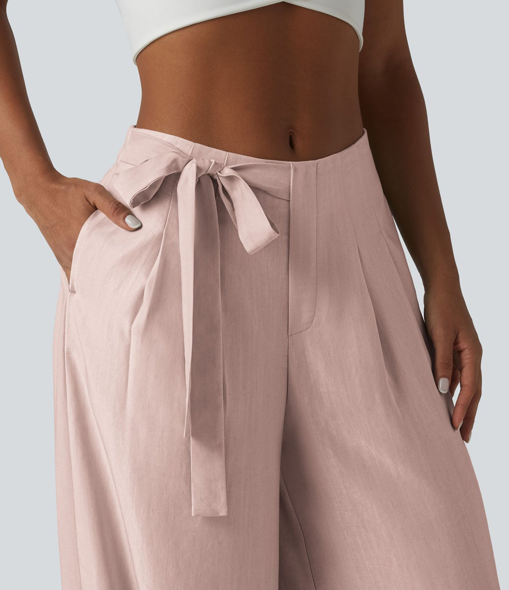 Pantalon large fluide taille haute en lin mélangé avec poches et liens latéraux