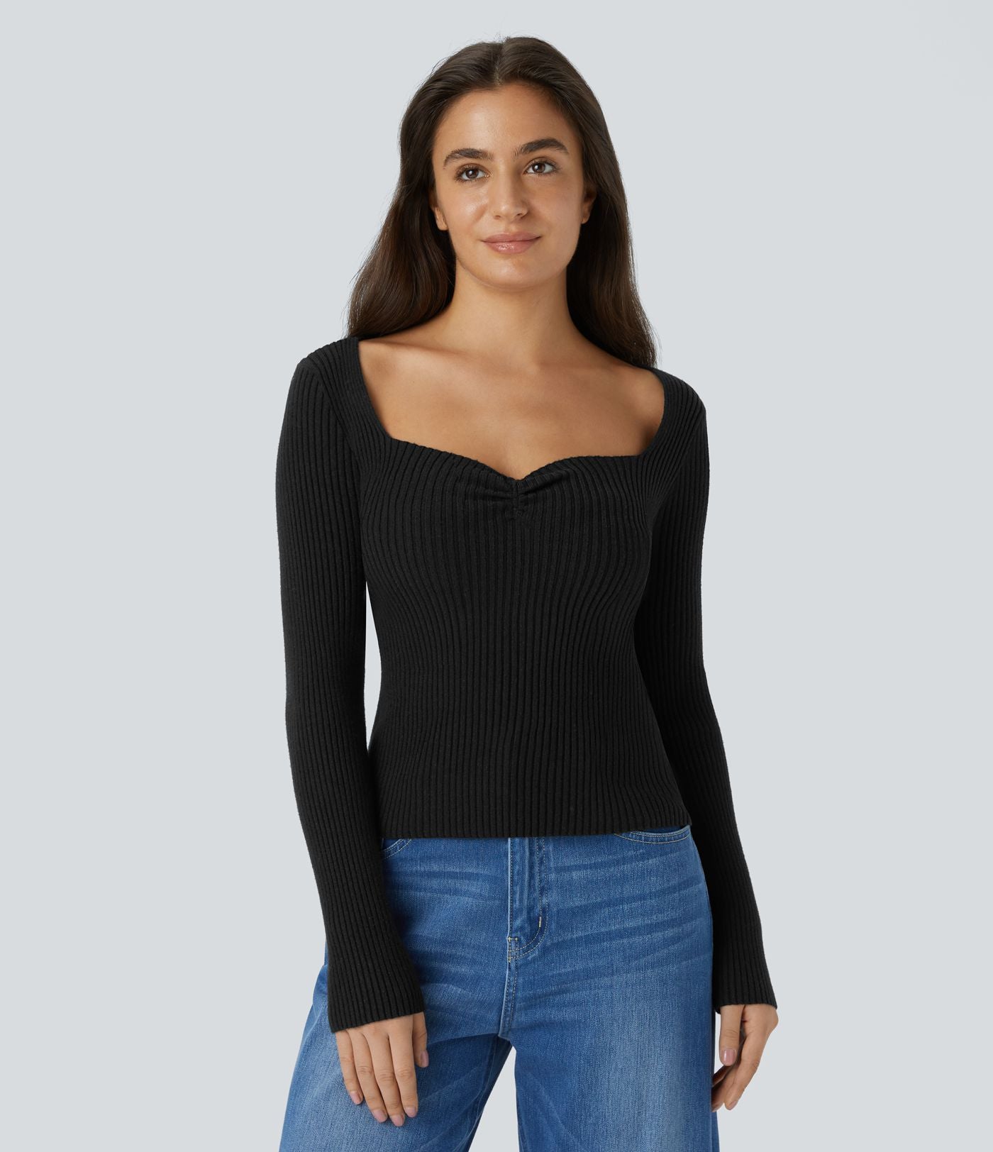 Pull décontracté moulant à col cœur et manches longues