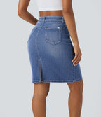Jupe en Jean midi décontractée extensible délavée à taille moyenne avec boutons, fermeture éclair, poches multiples et fente