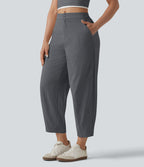Pantalon casual taille mi-haute coupe tonneau aspect lin, avec poches