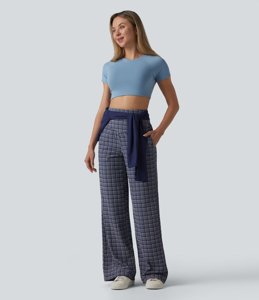 Pantalon large taille haute ventre plat à carreaux en tissu froissé séchage rapide avec poches