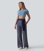 Pantalon large taille haute ventre plat à carreaux en tissu froissé séchage rapide avec poches
