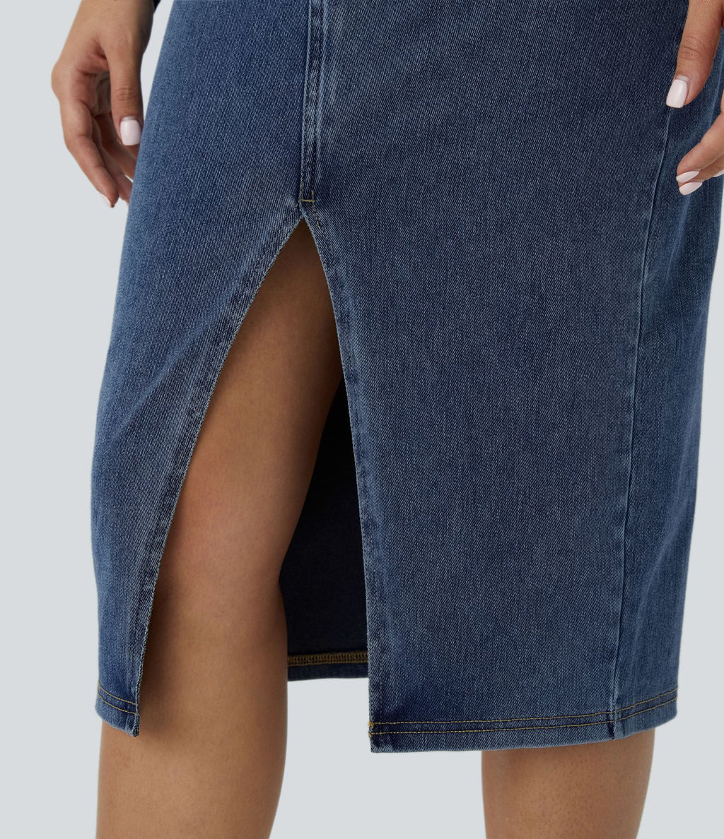 Halara Flex™ Jupe en Jean Midi Casual Tricot Extensible Taille Haute Poches Multiples