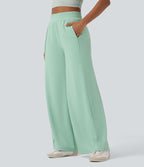 Pantalon décontracté micro gaufré jambe large taille haute avec poches