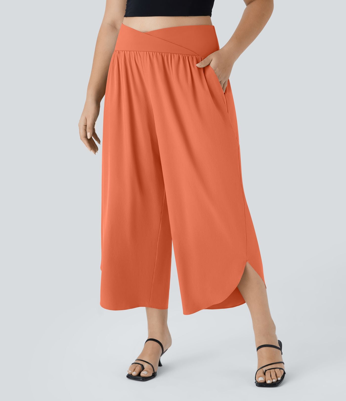 Breezeful™ Pantalon de Vacances Grande Taille Taille Haute avec Découpe Croisée Plissé Poche Latérale Fente et Séchage Rapide