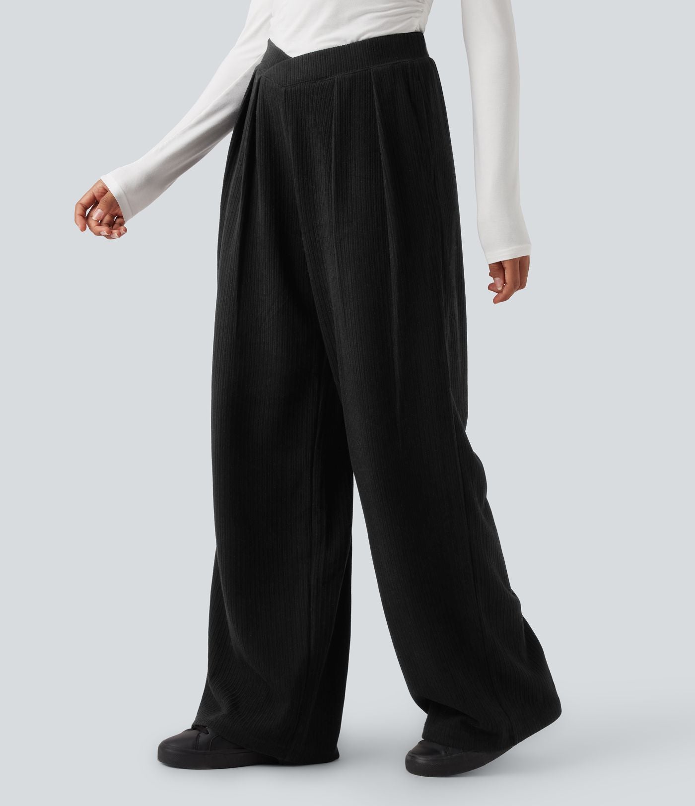 Pantalon décontracté droit côtelé, taille haute, avec poches et détail croisé