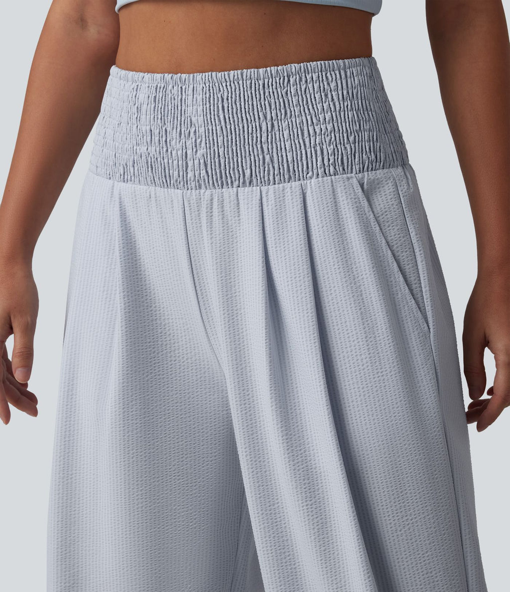 Pantalon large taille haute en tissu froissé froncé séchage rapide avec poches