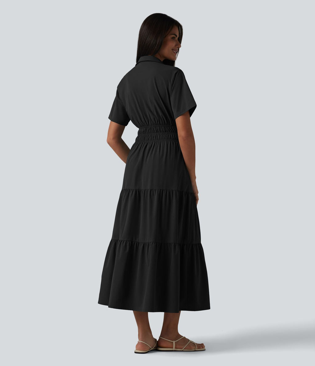 Robe-chemise midi fluide et décontractée en popeline extensible à manches courtes et poches