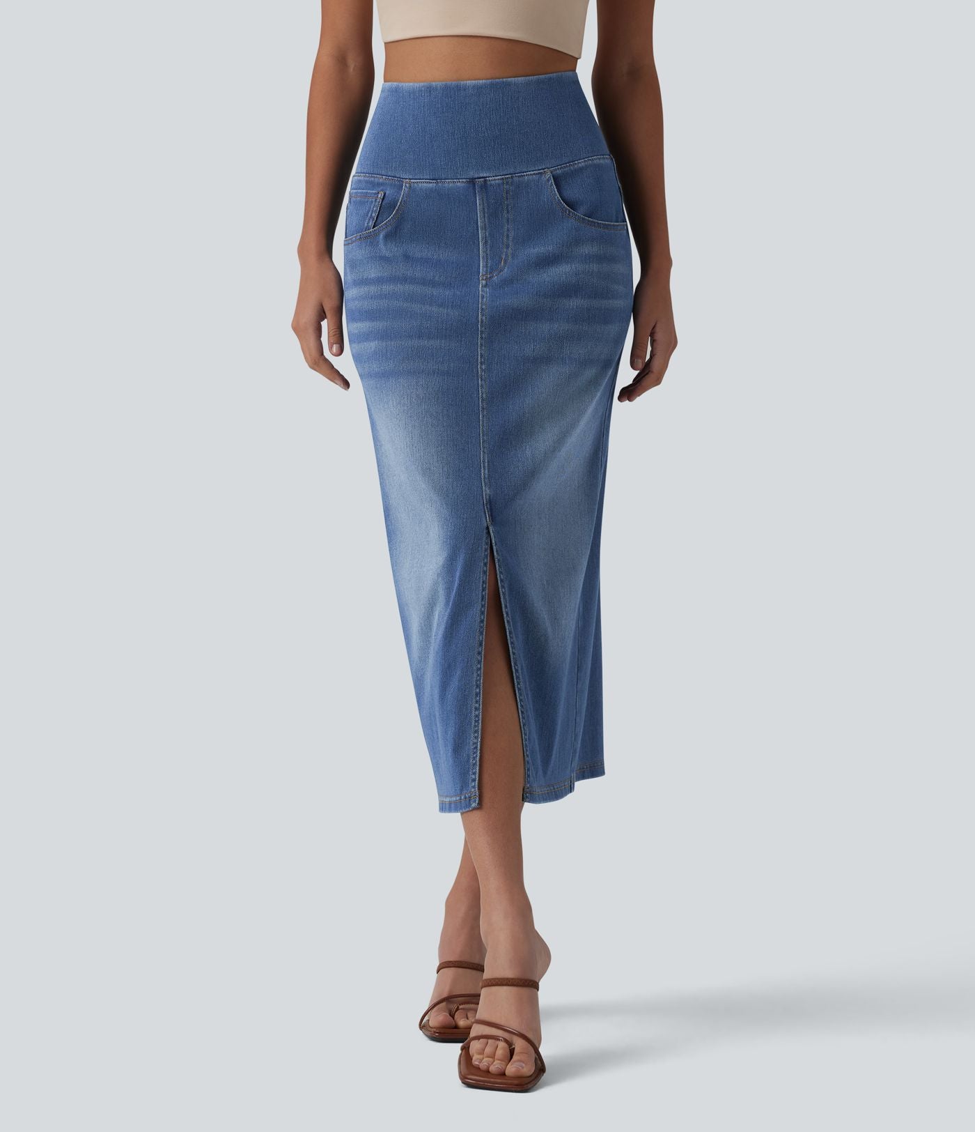 Halara Flex™ Jupe midi en denim taille haute ventre plat avec poches