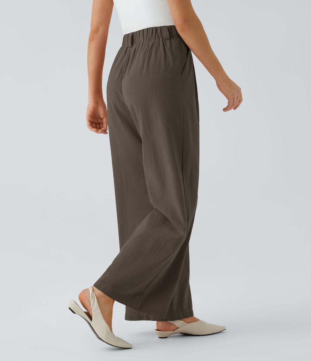 Pantalon Fluide Large Taille Haute Poches Latérales Palazzo Solide Casual Linen-Feel