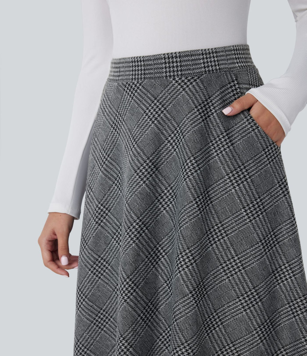 Jupe midi évasée à taille haute et poches latérales, motif pied-de-poule