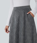 Jupe midi évasée à taille haute et poches latérales, motif pied-de-poule