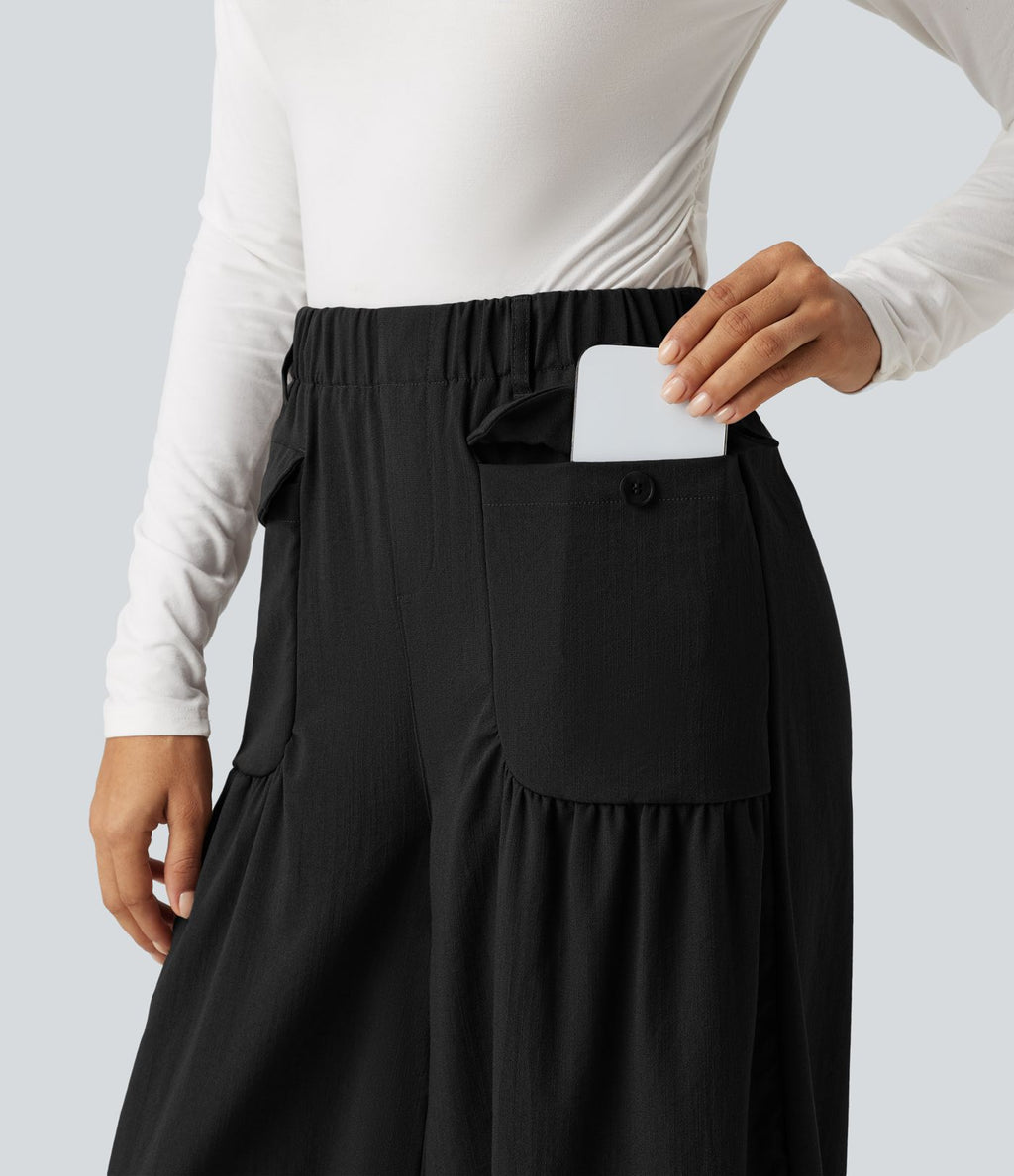 Jogging baggy taille haute effet lin froncé avec poches